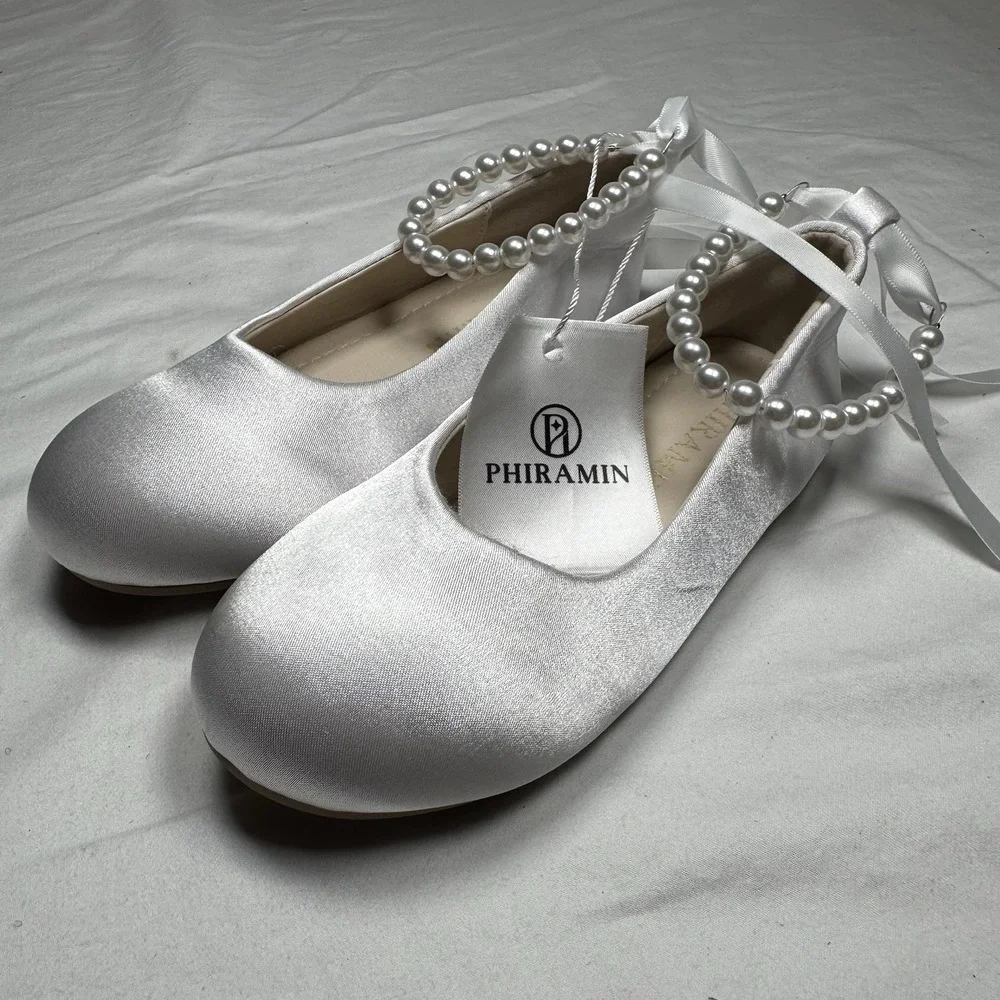 Girls White Dress Shoes Size 10 Pearl Strap Ballet Flats Wedding Shoes New